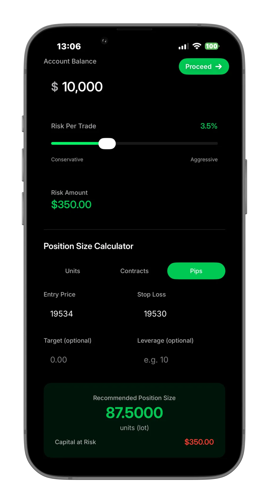 The CandleScan risk calculator working out a position size